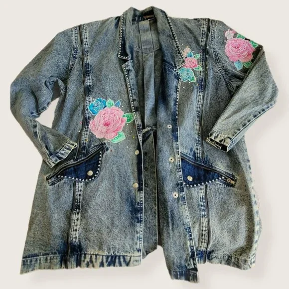 Vintage Embroidered Long Denim Jacket Blazer Zip Accent Woman's Size XL LH8009 - Picture 14 of 14